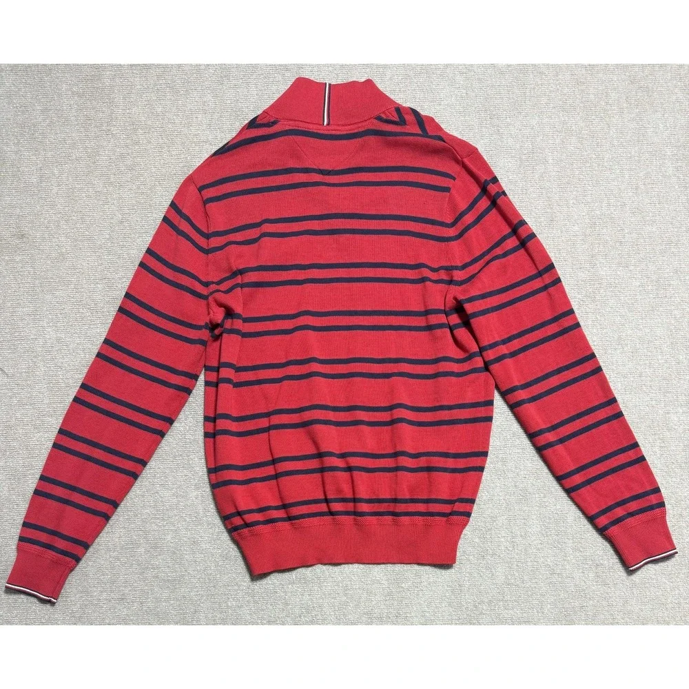 Tommy‎ Hilfiger Sweater Mens Large Red Navy Striped Half Zip Pullover Cotton